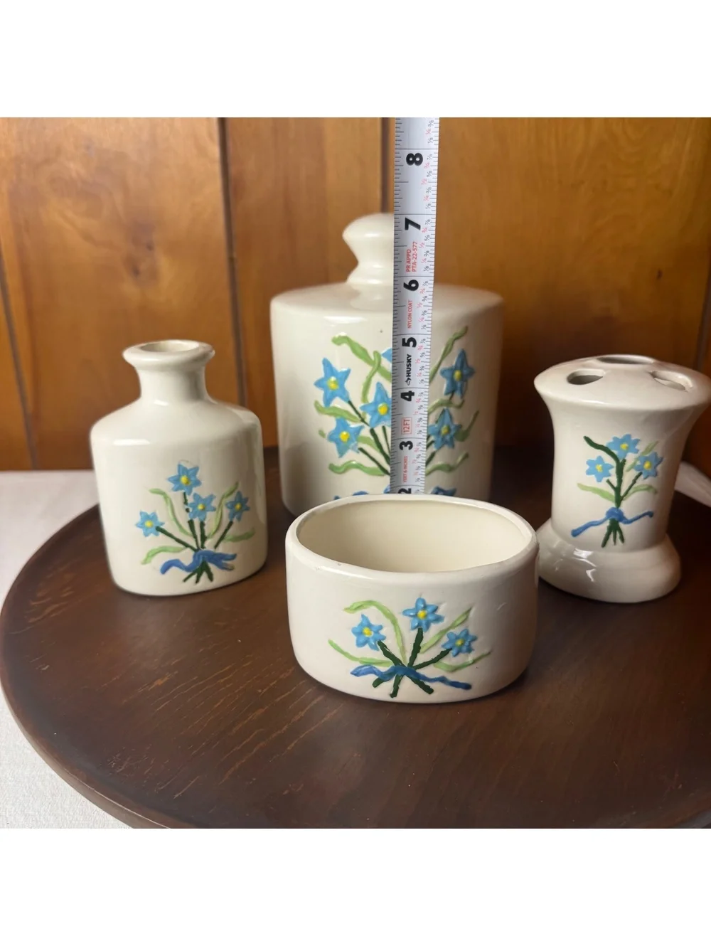 Vintage 1979 Ceramic Bathroom Set Blue Floral Handmade 4 Piece Vanity Décor